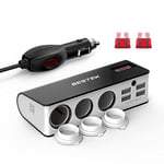 BESTEK Chargeur Allume Cigare Adaptateur Chargeur de Voiture 12V et 24V avec Triple Prises Allumes-Cigare, 4 Ports USB, Interrupteur, Fusibles, Affichage LED Voltmètre et Pieds Antidérapants - Gris