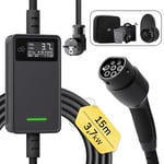 dé Chargeur Voiture Electrique 3,7kW [15m, 6-16A] Cable Recharge Voiture Electrique Type 2 avec Support Mural Compatible avec E-208, Model Y, Mégane E-Tech, 500e et Autres EV/PHEV