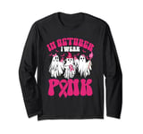 Groovy Wear Pink Breast Cancer Warrior Funny Ghost Halloween Long Sleeve T-Shirt