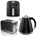 Swan Retro 1.5L Jug Kettle 2 Slice Toaster & Air Fryer Stainless Steel Set Black