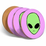 4 Set - Awesome Green Alien Heads Coasters Kitchen Drinks Coaster Gift #14407