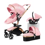 Magic ZC PU Leather 3 in 1 Pushchair Pram Travel System, Baby Stroller 3 in 1 with 360° Rotatable Seat, Newborn Infant Buggy with Aluminum Frame, Toddler Carriage with One-Click Folding (906 Pink-1)