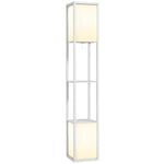 HOMCOM Lampadaire sur pied salon, lampe salon moderne, lampadaire avec étagères, abat-jour en tissu et double éclairage pour salon, chambre à coucher, bureau, ampoule non incluse, blanc