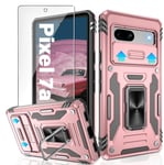 Jshru for Google Pixel 7a Case with Screen Protector and Slide Camera Cover | Pixel 7a Case with Ring Kickstand | Anti-Scratch Phone Cover for Google Pixel 7a,Rose Gold