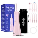 MySmile Water Dental Flosser for Teeth Cordless Oral Irrigator 5 Cleaning Modes 8 Replaceable Jet Tips IPX 7 Waterproof USB Rechargeable Water Dental Picks for Teeth Cleaning with PU Bag Pink