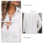 (White L)Women Button Up Shirt Turn Down Collar V Neck Solid Color Long BGS