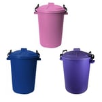 3 x 50L Bin Clip Lock Lid Home/Kitchen/Garden Waste Storage UK- Pink+Blue+Purple