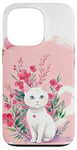 Coque pour iPhone 13 Pro Chat blanc mignon, fond rose, art floral