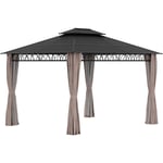 Pavillon de jardin tonnelle rigide dim. 3,6L x 3l x 2,78H m rideaux latéraux anti-UV structure gris toit polycarbonate noir