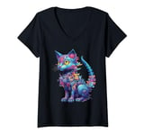 Womens Psychedelic Manga Cat In Colorful Fantasy Animal Art Mandala V-Neck T-Shirt