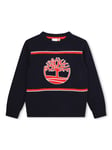 Timberland Kids' Graphic Tree Logo Jaquard Stripe Knit Pullover Jumper, Dark Blue/Multi