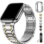 Fullmosa Compatible with Apple Watch Straps 46mm 45mm 44mm 42mm Stainless Steel Replacement iWatch Bands with TPU Protective Case for Series 10 9 8 7 6 5 4 3 2 1 SE, Silver with Gold