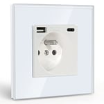 BSEED Prise Murale avec USB et 1 Type C,16A Prise de Courant Alternatif avec Panneau en Verre,Multiprise Murale Max 2.1A,Convient au Smartphone, à la Tablette (Blanc)