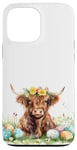 iPhone 13 Pro Max Highland Cow Spring Cute Easter Pattern Eggs Floral Flowers Case