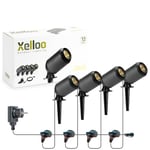 Xelloo® kit d’éclairage de Jardin JERO, 12 Volts, 4 luminaires en Aluminium/PVC 1W LED Blanc Chaud avec Piquet de Terre et Connexion coulissante Pratique, IP44, Installation Facile et sûre