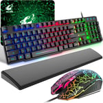 Ensemble Clavier Souris Gaming avec Repose-Poignet,QWERTZ DE Layout Clavier Rétroéclairé Coloré LED Filaire Souris 6 Boutons 2400DPI,Tapis de Souris,Compatible avec Windows,Mac,PS4,Noir