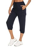 Wayleb Pantalon de Sport Femme 3/4 Taille Haute Pantalon de Jogging Femme Coton Pantacourt Femme Bas de Jogging Capri Respirant Pants de Survêtement Court pour Fitness Course Gym Bleu Marine,M