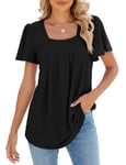 Akiooue Black Tops for Women UK, Ladies Shirts Size 16 Square Neck Eyelet Short Sleeve Summer Fashion Going Out Wear Dressy Casual Blouses Cute Tunic Black Large