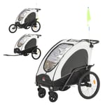 Cykelsläp Jogger 3 I 1 Barnvagn, Aluminium, För 2 Barn, Med Flagga, Vit+Svart