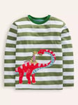 Mini Boden Kids' Applique Stripe Top, Green Dino Family