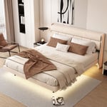 Lit double 180x200 cm, avec lumière à capteur éclairage led, sommier à lattes en bois, style classique, lit capitonné en velours - Beige