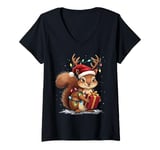 Womens Funny Christmas Squirrel Lights Reindeer Antlers Christmas V-Neck T-Shirt