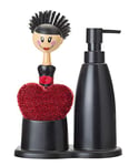 VIGAR Sink Set with Brush, Sponge and soap Dispenser, ABS, silicone, polyurethane, Black/red, Dimensiones: 17.5 x 11 x 24 cm