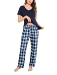 Bresdk Ensemble de Pyjama Femme Hiver Pyjama Femmes Manche Courte Coton Deux Pièces Pyjama Sets Vêtements de Nuit à Manches Courtes et Bas de Pyjama à Carreaux