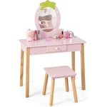 Coiffeuse Enfant Fille avec Miroir Amovible, Table Maquillage 2 en 1 avec Tabouret, Tiroir et Peigne, Coins Arrondis en mdf, Bois d'Eucalyptus Rose