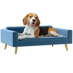 PawHut Canapé Chien, lit pour Chien, revêtement en Velours Soyeux, 94 x 59,5 x 31,5 cm, Design scandinave, canapé pour Chien sur Pied, avec Coussin Moelleux, Pieds en Acier Inoxydable, Bleu