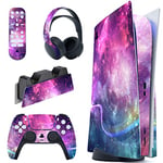 PlayVital Kit de Autocollants Skin Decal pour ps5 Sticker Vinyle pour ps5 Console&Manette&Station de Charge&Casque&Télécommande Média-Édition Régulière-Galaxie Violette