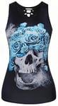 Ocean Plus Femme Crâne Sport Débardeurs Gothique Cache-cœur Gilet d'entraînement sans Manches Chemise Criss Cross Noir T-Shirt Halloween (S (Brustumfang: 80 cm), Crâne de Rose Turquoise)