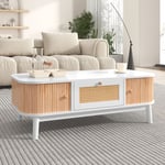 Wishdor - Table basse fixe 110 x 55 x 38.5 cm en Rotin. tiroirs et portes coulissantes avec lattes et pieds en bois massif. Blanc