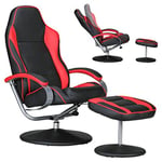 AMSTYLE Fauteuil de Relaxation réglable Racing Moderne en Cuir synthétique pivotant avec Tabouret Racer X-XL 110 kg avec accoudoirs et Tabouret Gaming sans Moteur Noir/Rouge