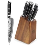 SHAN ZU Knife Set with Block, Damascus Kitchen Knife Sets 7-Piece Professional Knife Damascus Sets for Chef, Japanese High Carbon Super Steel 67 Layers Knife Block Set with G10 Handle