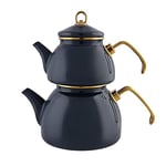 Karaca Retro Enamel Tea Tank Anthracite Tea Maker, Tea Pot, 1.1 liters, Kettle 2.3 liters, Turkish Teapot, Tea Maker, Teapot, Induction Safe, Modern, Family Style, Teapot for Tea Lover