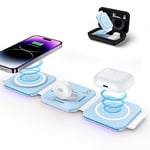 ZUMSEY Foldable Travel Wireless Charger, 3 in 1 Wireless Charging Station for iPhone 16 15 14 13 12 11 Pro Max Magnetic Charging Stand for iWatch 8/7/6/SE/5/4/3/2, AirPods with Adapter(Blue)