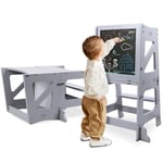 YOLEO Tour d'apprentissage Transformable, Pliable, Tour d'observation pour Enfants Montessori Learning Bois Naturel Kitchen Helper avec Tableau Noir et Blanc,Table et Chaise pour Enfant