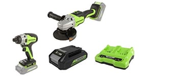 Greenworks Meuleuse d'angle sans fil GD24SAG + Tournevis sans fil et perceuse GD24ID + Tools Batterie G24B2 2ème génération + Tools Chargeur universel de batterie à double fente G24X2C