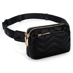 UTO Sac Banane Femme Homme Fanny Pack Ceinture Imperméable Synthétique Mode Léger Sac de Taille avec 3 Poches zippées PU matelassé Bracelet Noir