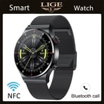 LIGE NFC Bluetooth Call Smart Watch Herr HD Screen Sportarmband Vattentätt EKG Hälsomonitor Herr SmartWatch För IOS Android Mesh belt Black NFC