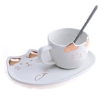 lachineuse - Tasse Chat - Design Kawaii - Support Chat et Cuillère - Blanc et Doré - Porte-Bonheur du Japon - Culture Nipponne - Décoration Japonaise - Idée Cadeau Japon Asie