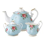 Royal Albert Modern Vintage POLBLU25823 Teapot, Creamer & Sugar, 3 Piece Set, Polka Blue, Fine Bone China