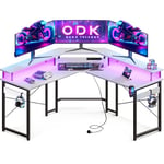 ODK Bureau Gaming avec LED, Bureau d'angle Gaming avec Prises et Ports USB, Bureau Gaming Angle avec Support pour Moniteur, Blanc, 129x129 cm