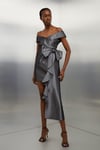 Tailored Off Shoulder Metallic Bow Drape Detail Mini Dress