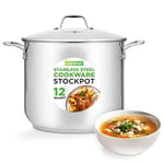 NutriChef Large Stainless Steel Stock Pot with Lid - Big Soup Pot, Heavy Cooking Pot with Glass Lid - Stew Pot, Cookware Induction Pot, Mirror Finish Stockpot, Deep Casserole Pot, 12-Qt/11.3 Litre