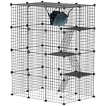 PawHut Cage pour Chat d'intérieur, Parc pour Chat en Acier, à 4 Niveaux, DIY, avec 5 Portes, hamac, Plateformes, rampes, pour 1-3 Chats, 105 x 70 x 140 cm, Noir