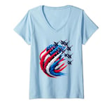 Womens Patriotic Red White Blue USA Flag Jets Air Force Flyover V-Neck T-Shirt