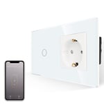 Interrupteur Intelligent Avec Prise Encastree,Interrupteur Tactile Wifi Compatible Avec Alexa Et Google Home,Contrôle Par Application,Prise Schuko Normale En Verre Blanc,Statut Led,1