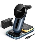 AGPTEK 3 in 1 Wireless Charger, Mag -safe Magnetic Charger for iPhone 16/15/14/13/12 Pro Max, Wireless Charging Station for iPhone 11/10/8/iWatch AirPod/Galaxy S23/S22, LED Light Adapter, Black+Blue